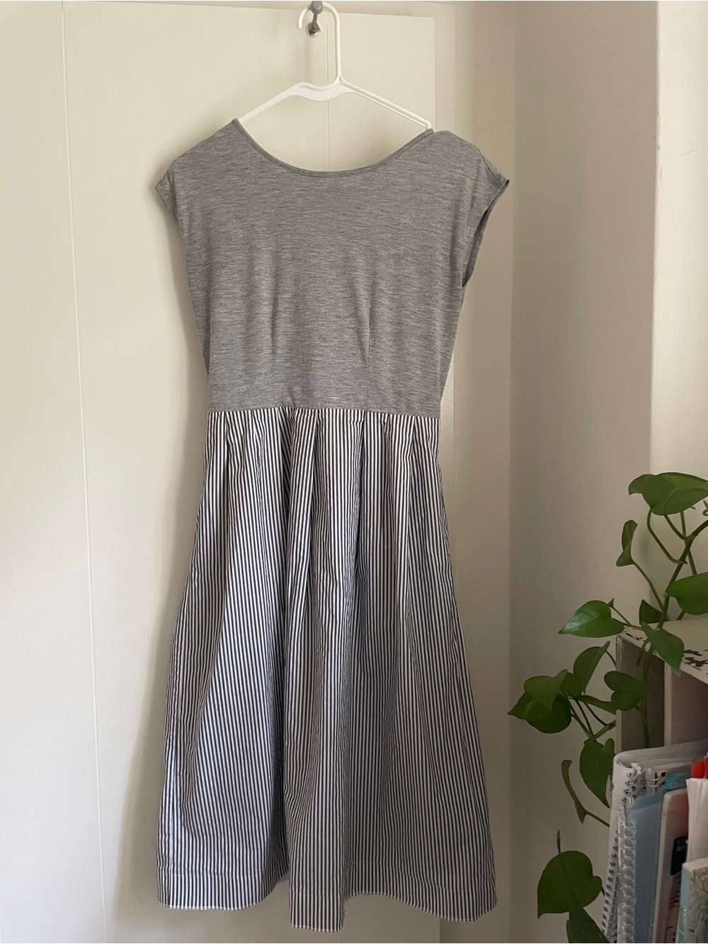 Grey Jersey Top with Navy Stripe Ticking-style Midi Dress
